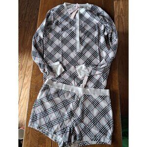 NWT Victoria Secret Plaid Pajama Set Med Shorts Button Front Pink